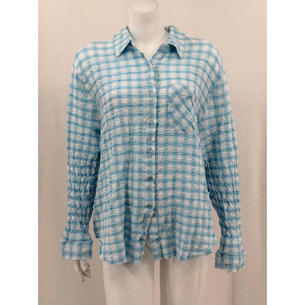 Hester & Orchard Top Womens 2X Blue Check Textured Long Sleeve Button‎ Up Summer